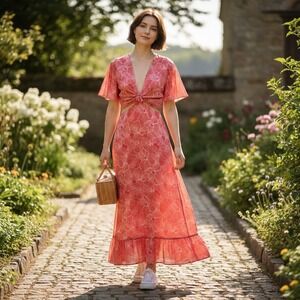 Shore NWT SZ Med Coral Pink Hibiscus Floral midi Dress open back